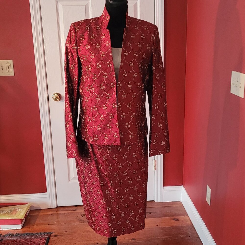 Red Silk with Gold embroidery Women's S skirt suit